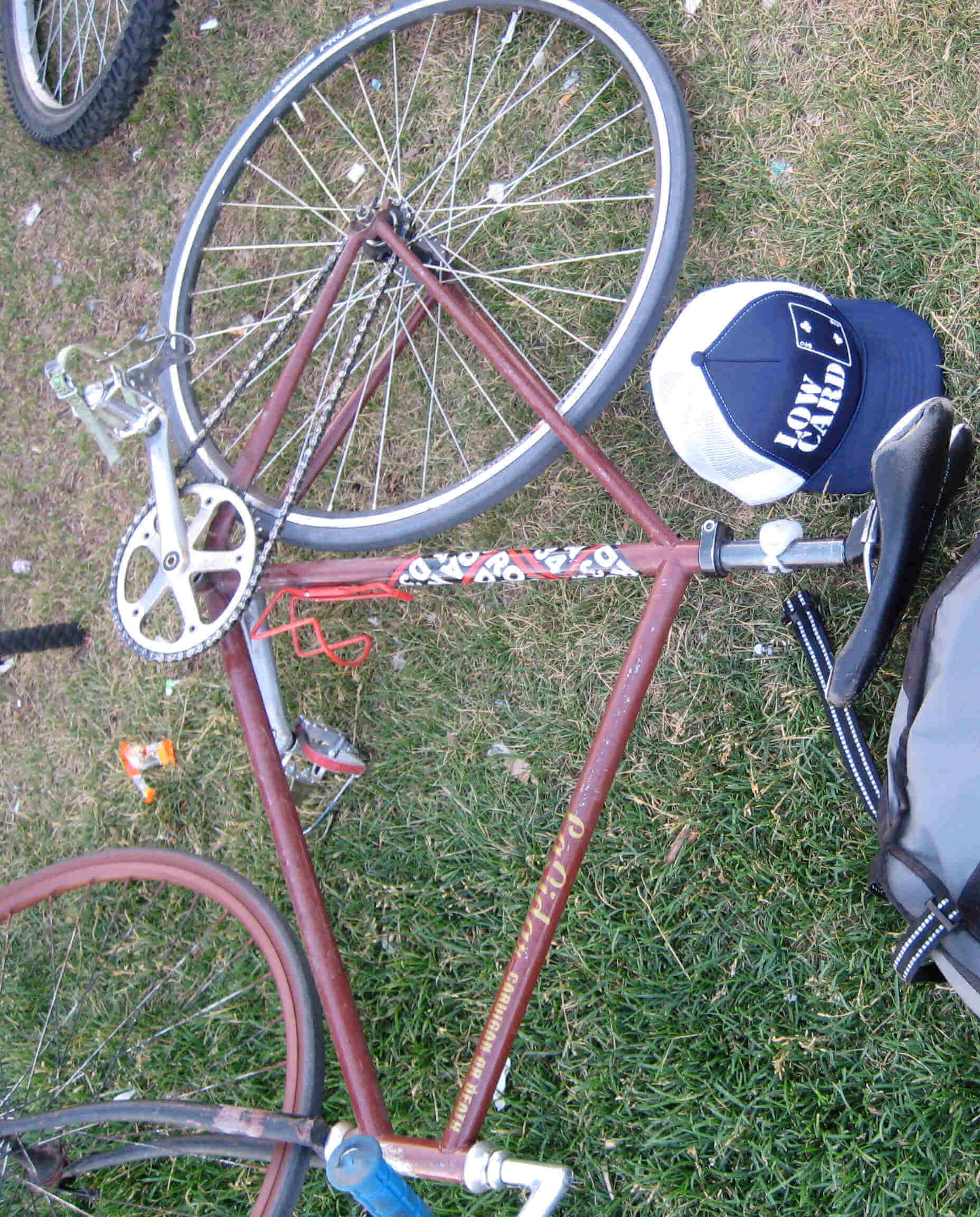 Downward view of brown Surly Steamroller bike, laying on it's left side vertically in the grass